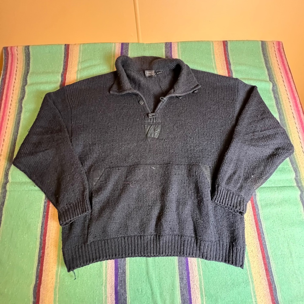 Robert Comstock Sweater Mens L Navy Blue Wool Blend Shawl Collar Leather Trim